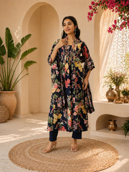 NAVY COTTON CALF LENGTH PRINTED V-NECK ANARKALI SET