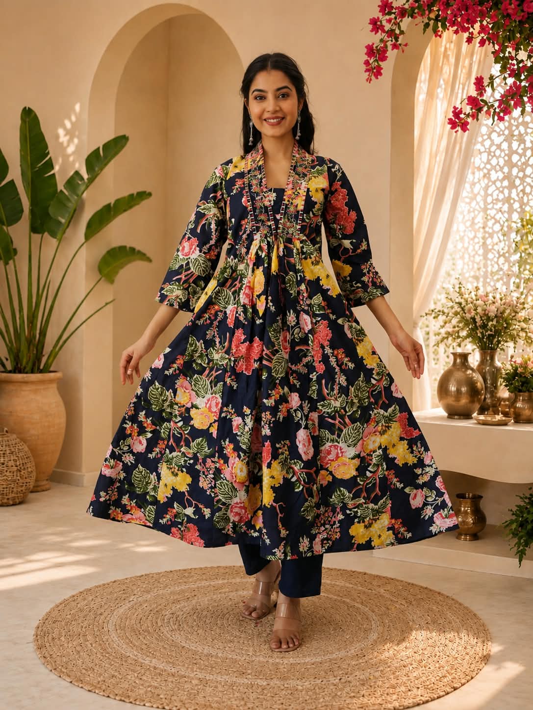 NAVY COTTON CALF LENGTH PRINTED V-NECK ANARKALI SET