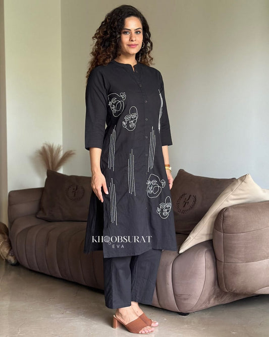 BLACK FACE EMBROIDERED COTTON CO-ORD SET
