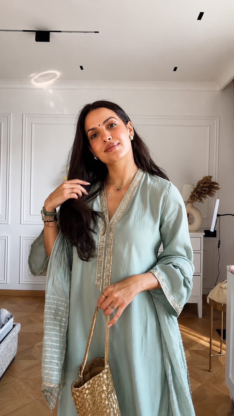 SAGE GREEN BANANA SILK KURTA SET