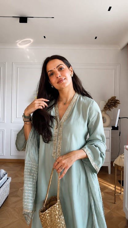 SAGE GREEN BANANA SILK KURTA SET