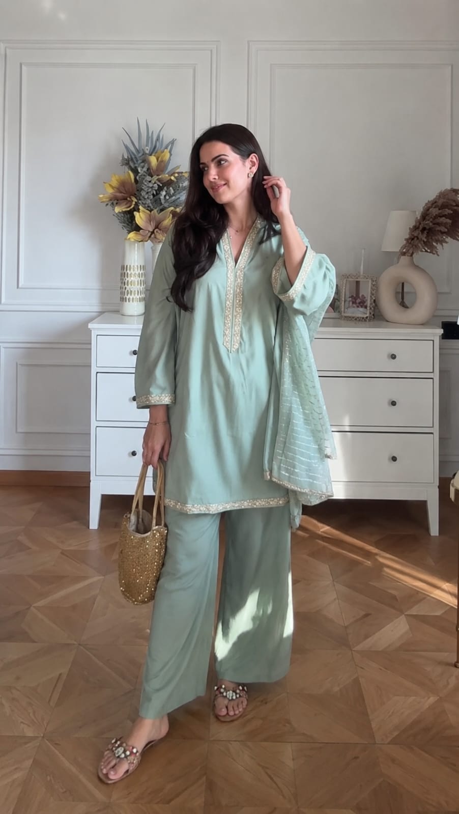SAGE GREEN BANANA SILK KURTA SET