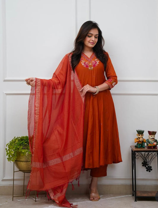 V-NECK COTTON ANARKALI SUIT SET