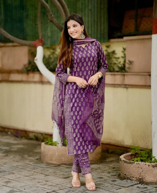 PURPLE PRINTED COTTON KURTA SET WITH KOTA DORIA DUPATTA