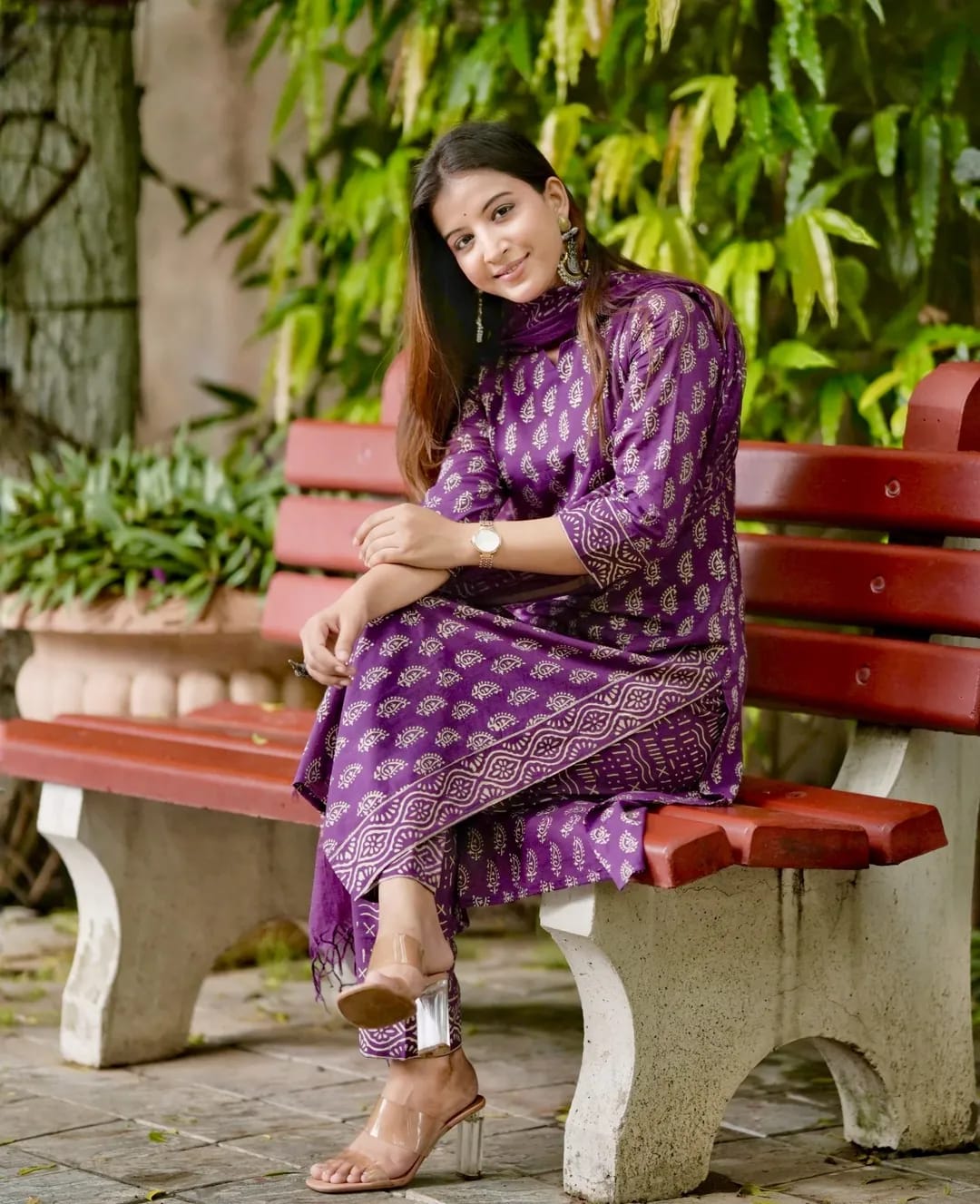 PURPLE PRINTED COTTON KURTA SET WITH KOTA DORIA DUPATTA