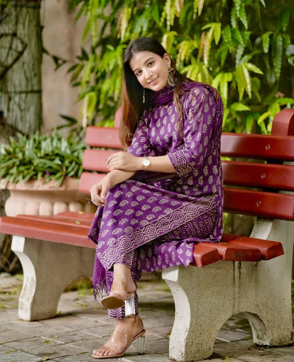 PURPLE PRINTED COTTON KURTA SET WITH KOTA DORIA DUPATTA