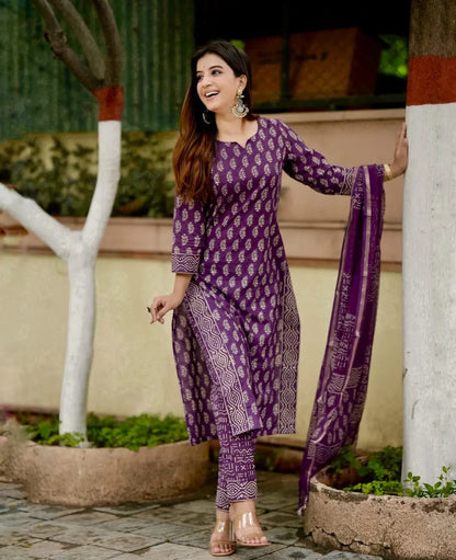 PURPLE PRINTED COTTON KURTA SET WITH KOTA DORIA DUPATTA