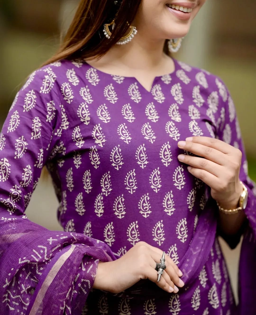 PURPLE PRINTED COTTON KURTA SET WITH KOTA DORIA DUPATTA