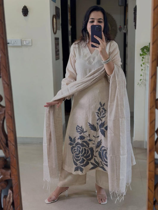 IVORY KHADI COTTON EMBROIDERED KURTA SET