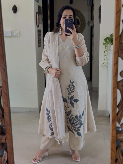IVORY KHADI COTTON EMBROIDERED KURTA SET