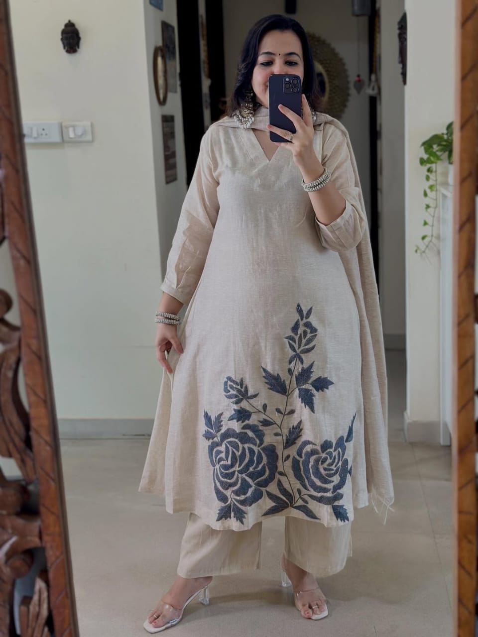 IVORY KHADI COTTON EMBROIDERED KURTA SET