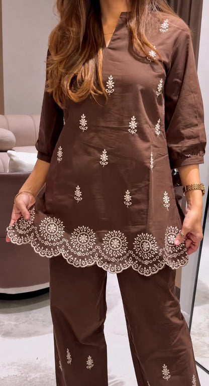 COTTON EMBROIDERED CO-ORD SET WITH CUT WORK