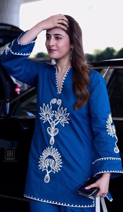 BLUE EMBROIDERED COTTON CO-ORD SET