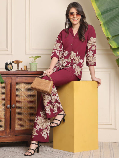 COTTON FLORAL PRINTED SHIRT WITH TROUSER CO-ORD SET