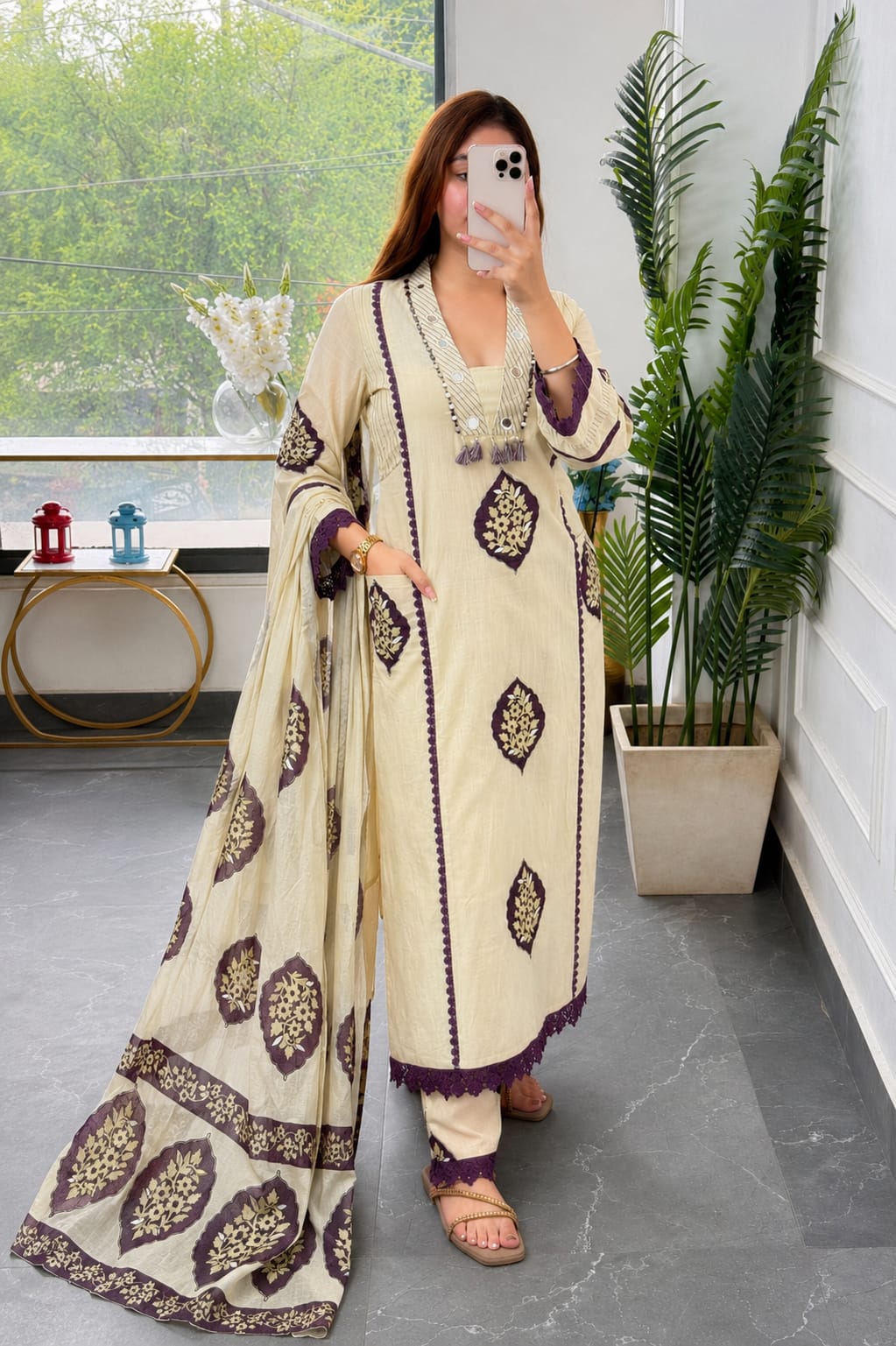 COTTON KURTA SET WITH HAND APPLIQUE WORK WITH JAIPURI PRINT
