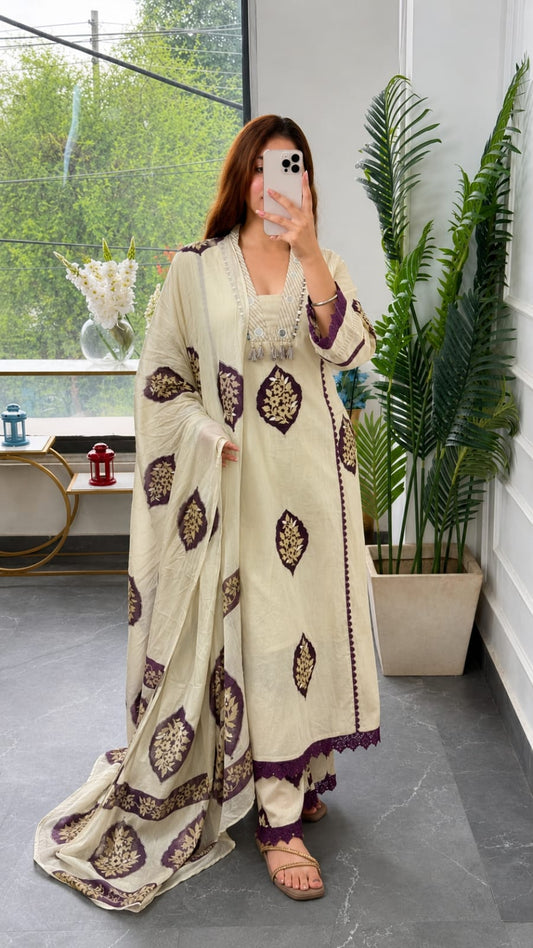 COTTON KURTA SET WITH HAND APPLIQUE WORK WITH JAIPURI PRINT