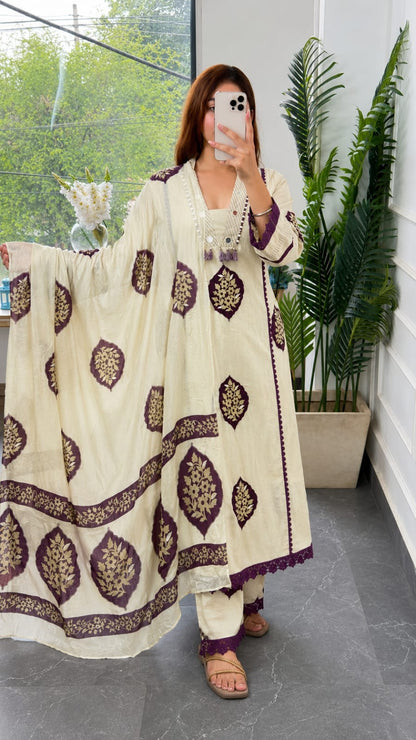 COTTON KURTA SET WITH HAND APPLIQUE WORK WITH JAIPURI PRINT