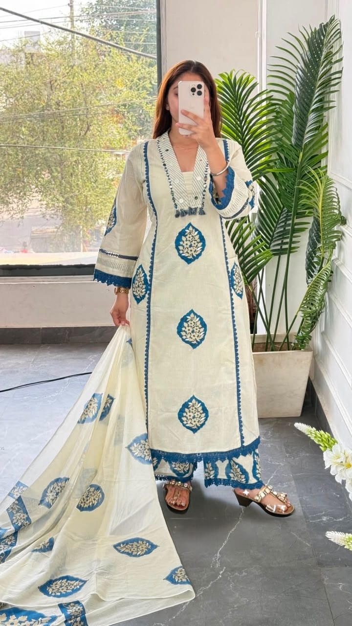 OFF-WHITE KURTA SET WITH BLUE JAIPURI FLORAL BLOCK PRINT