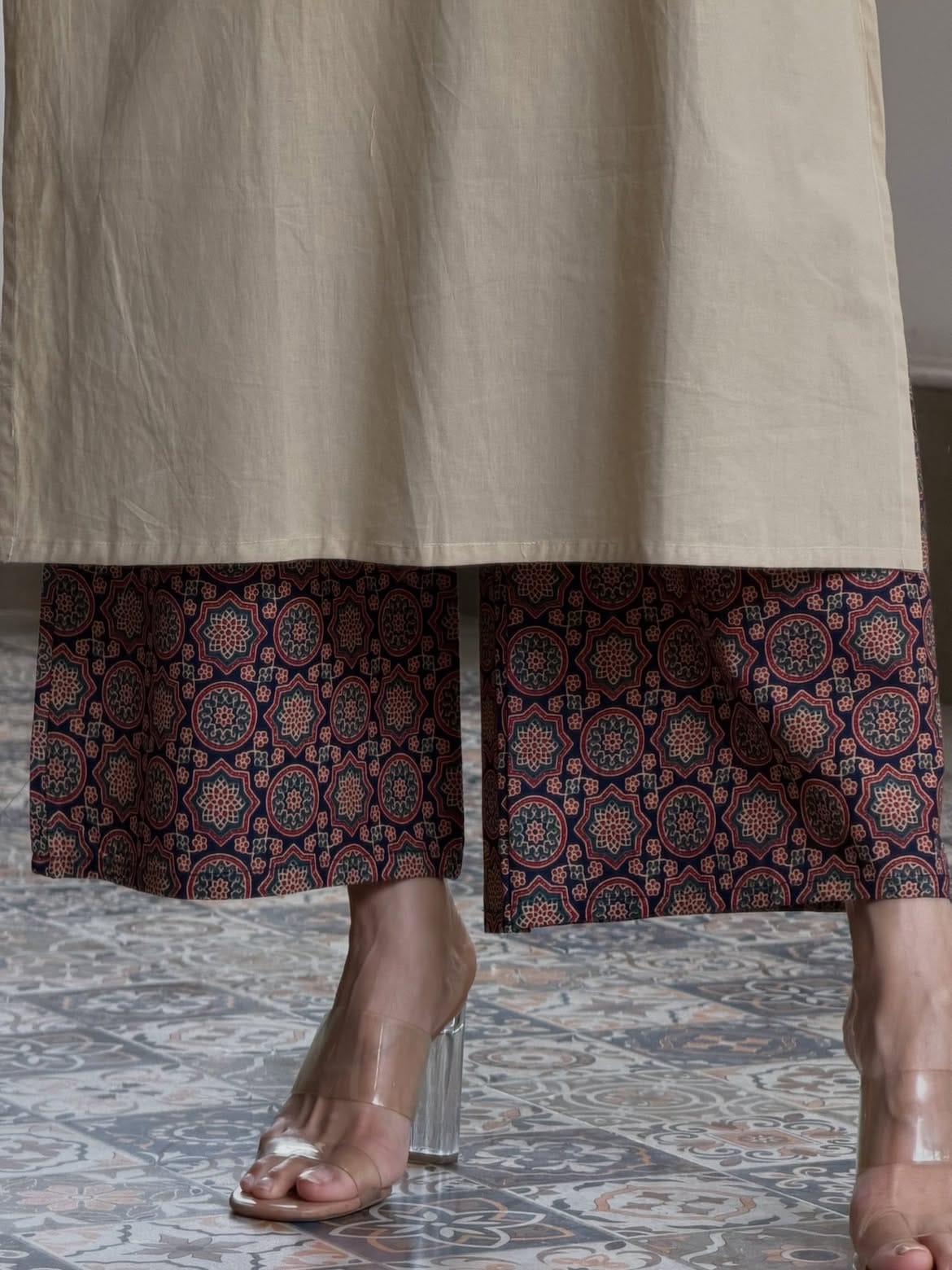 BEIGE AJRAKH PRINTED COTTON KURTA SET