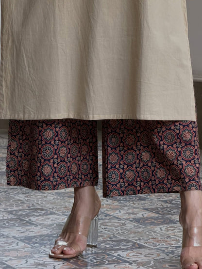 BEIGE AJRAKH PRINTED COTTON KURTA SET