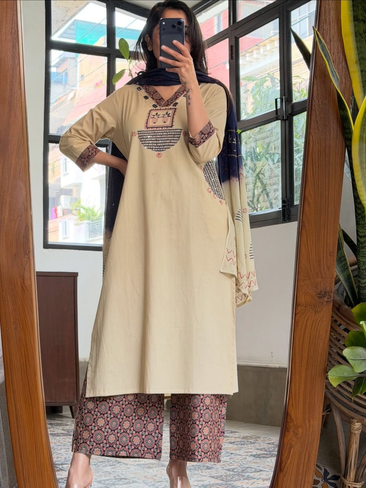 BEIGE AJRAKH PRINTED COTTON KURTA SET