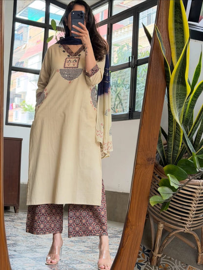 BEIGE AJRAKH PRINTED COTTON KURTA SET