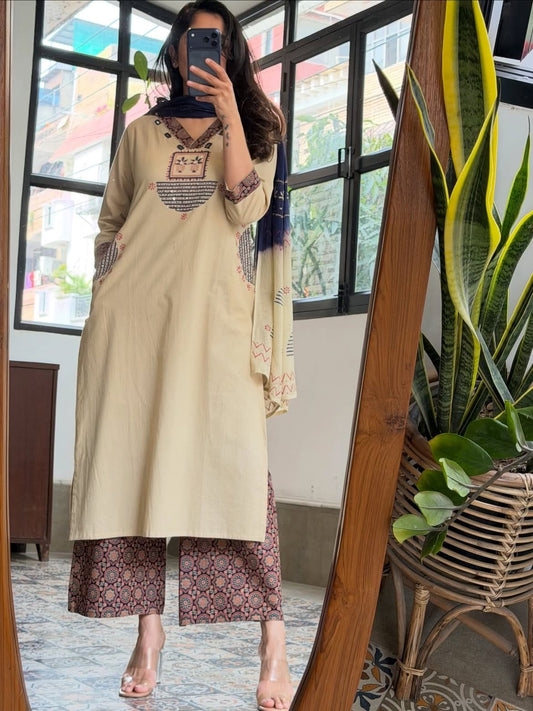 BEIGE AJRAKH PRINTED COTTON KURTA SET