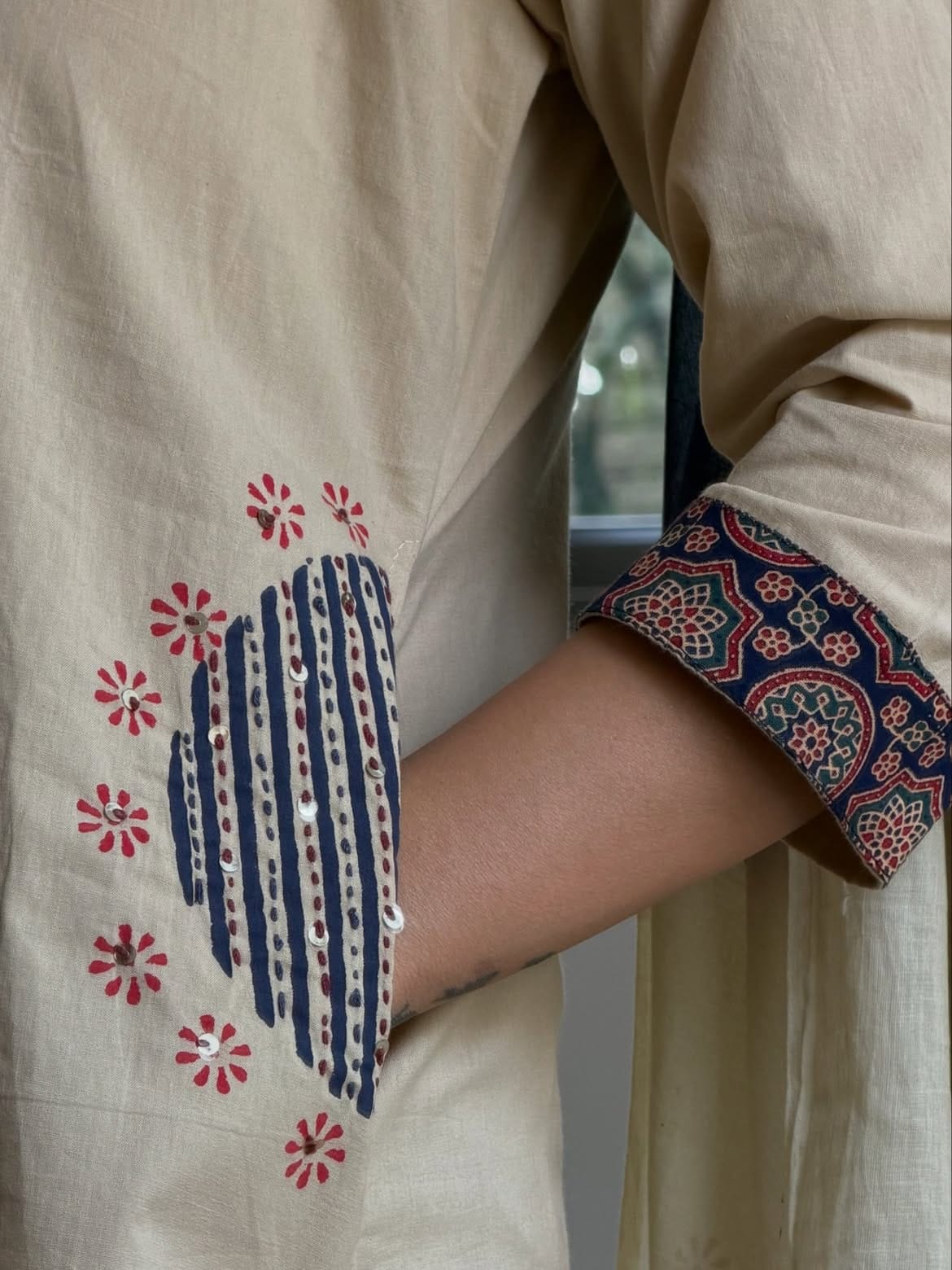 BEIGE AJRAKH PRINTED COTTON KURTA SET