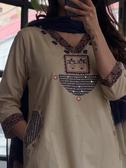 BEIGE AJRAKH PRINTED COTTON KURTA SET