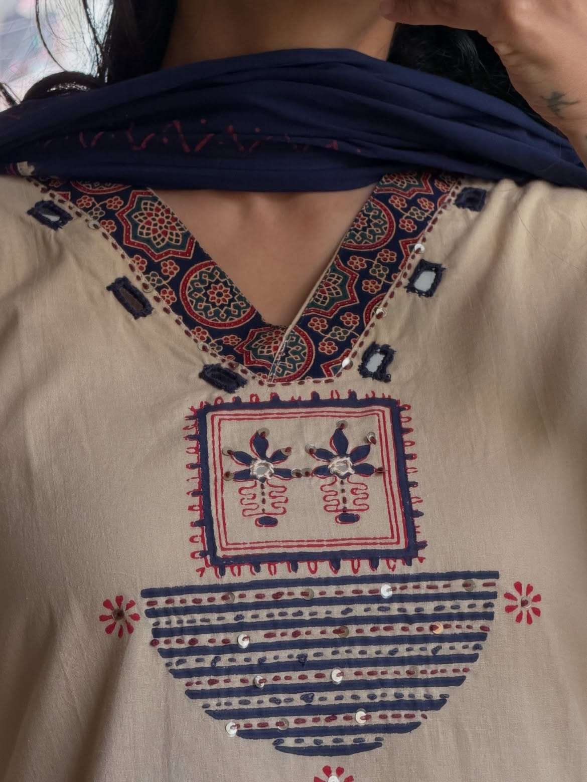 BEIGE AJRAKH PRINTED COTTON KURTA SET