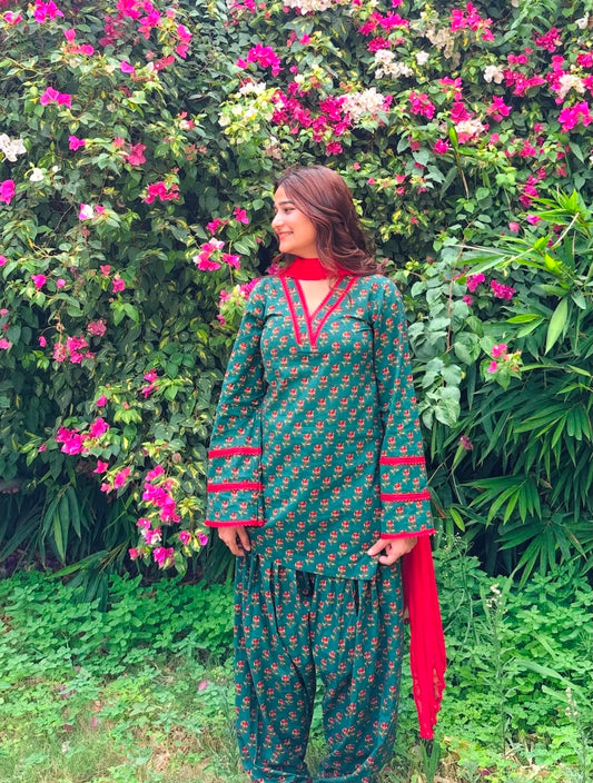 GREEN FLORAL - PRINTED PATIALA SALWAR SUIT SET