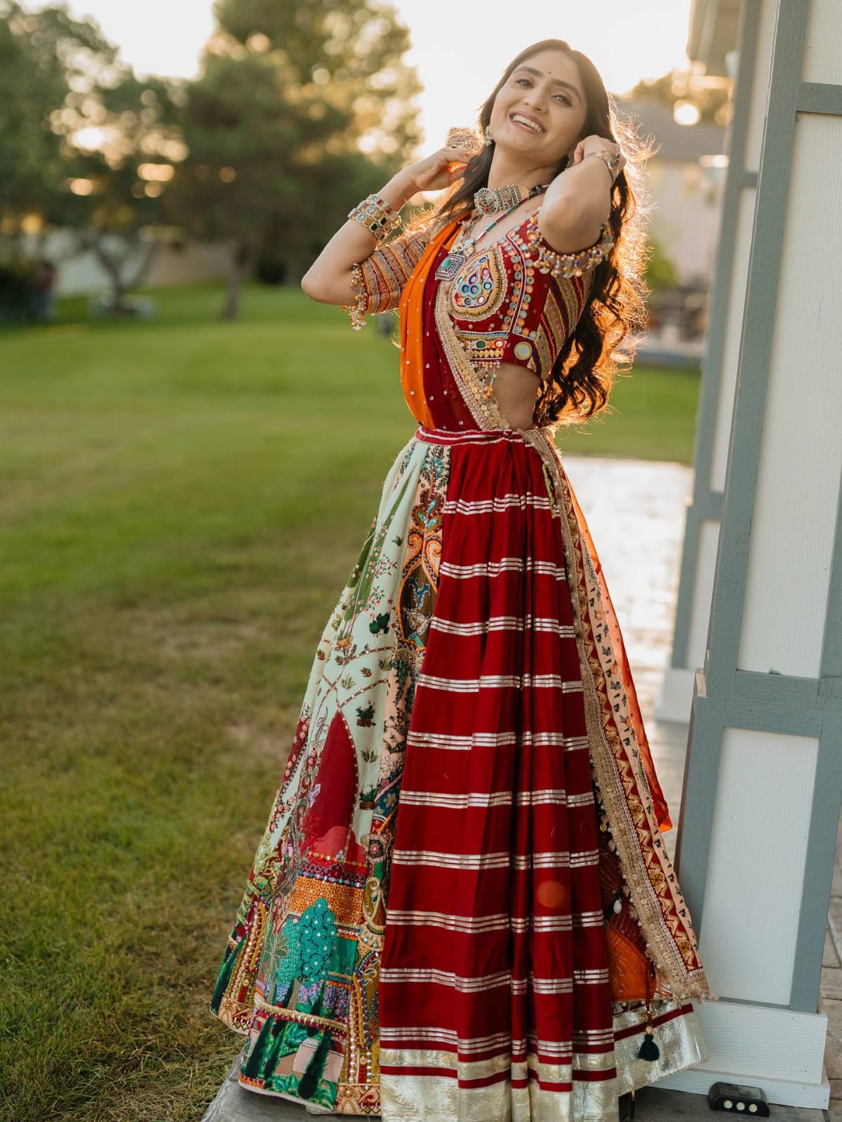 MAROON & LIGHT MINT GREEN REAL MIRROR WORK NAVRATRI LEHENGA
