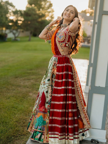 MAROON & LIGHT MINT GREEN REAL MIRROR WORK NAVRATRI LEHENGA