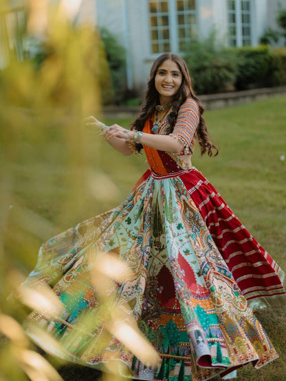 MAROON & LIGHT MINT GREEN REAL MIRROR WORK NAVRATRI LEHENGA