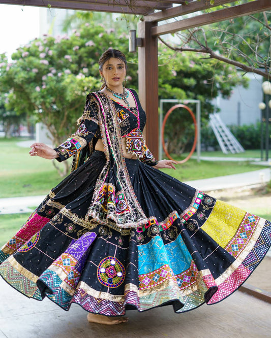 BLACK GAMTHI PATCHWORK & REAL MIRROR WORK NAVRATRI LEHENGA