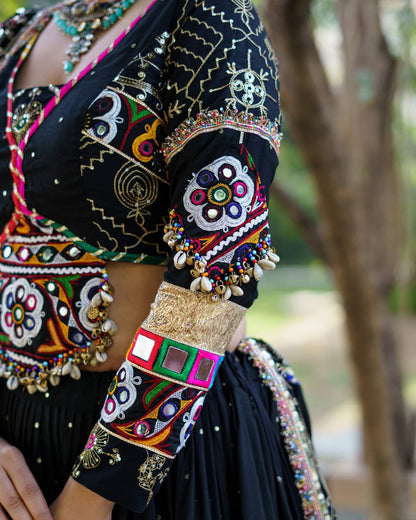 BLACK GAMTHI PATCHWORK & REAL MIRROR WORK NAVRATRI LEHENGA