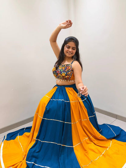YELLOW & BLUE PANELLED RAYON NAVRATRI LEHENGA CHOLI