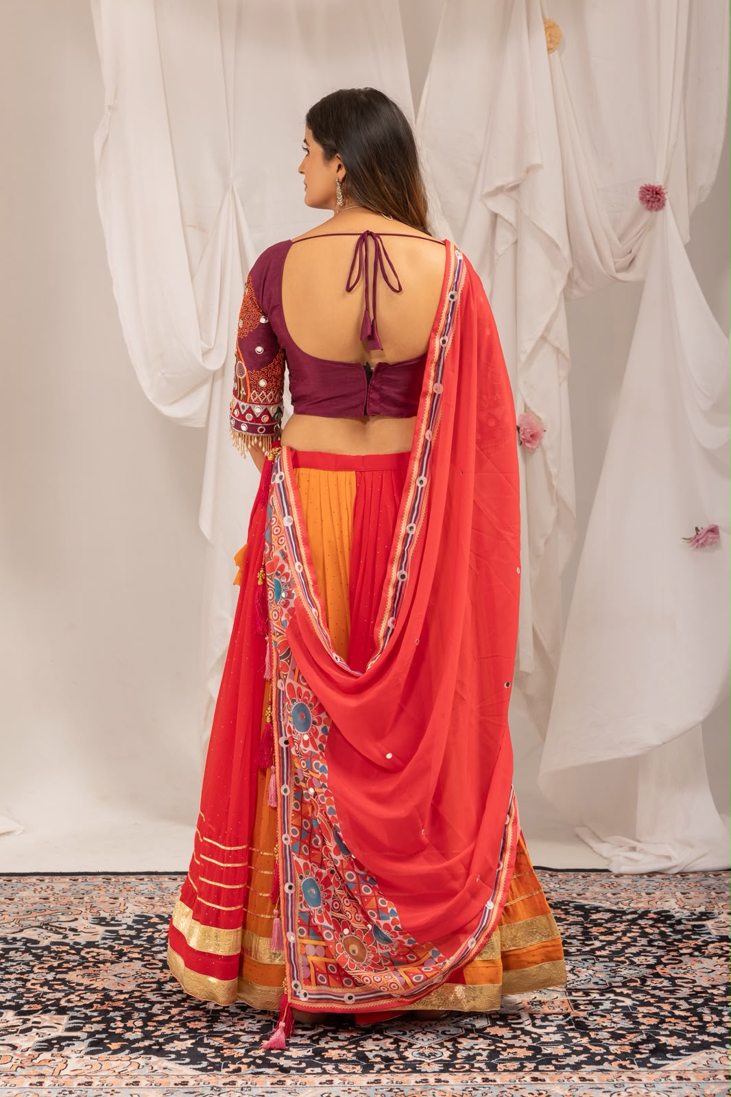 RED EMBROIDERY MIRROR WORK GEORGETTE NAVRATRI LEHENGA CHOLI