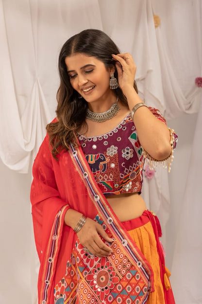RED EMBROIDERY MIRROR WORK GEORGETTE NAVRATRI LEHENGA CHOLI