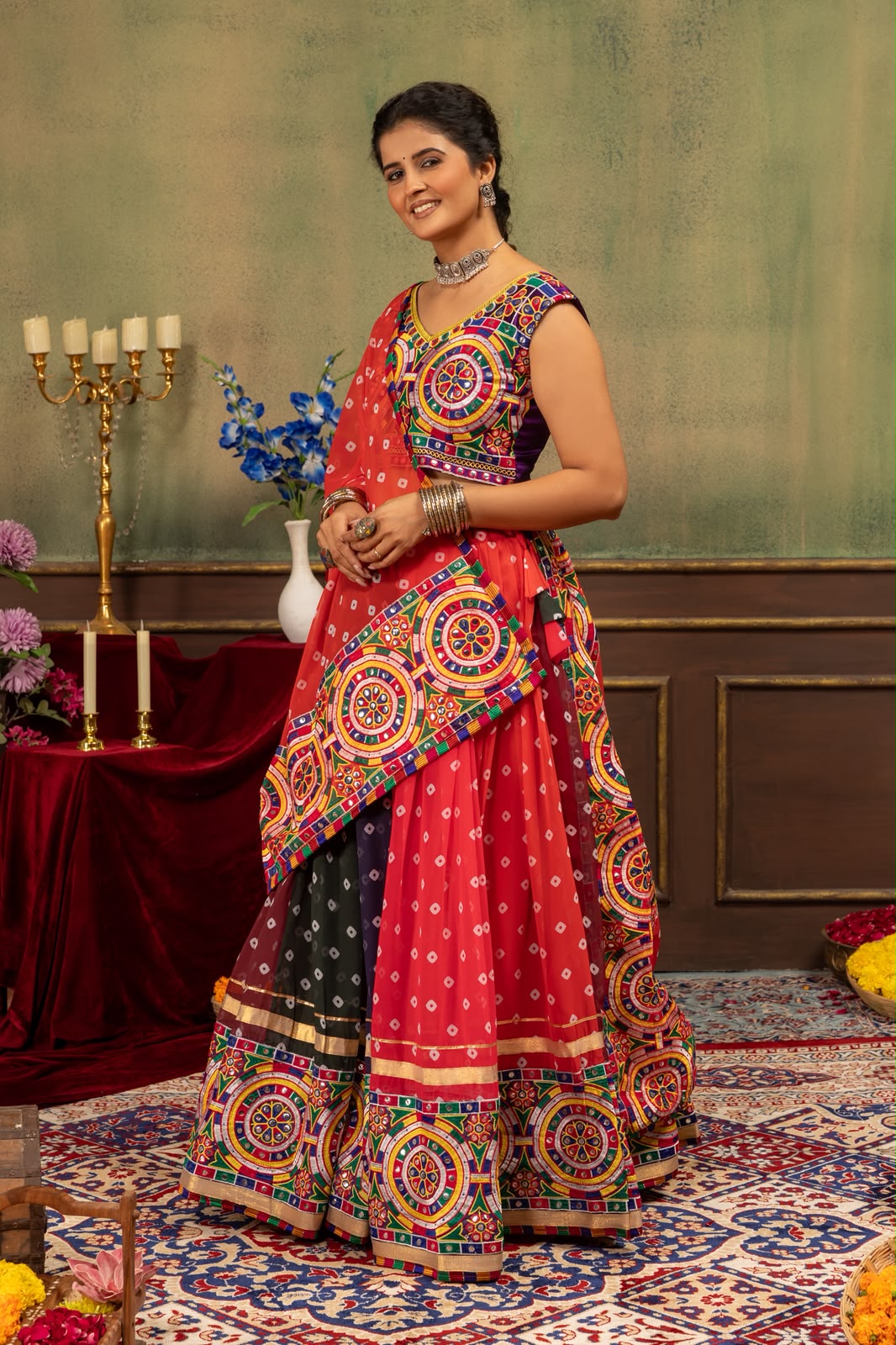 MULTICOLOR BANDHANI PRINTED NAVRATRI LEHENGA CHOLI