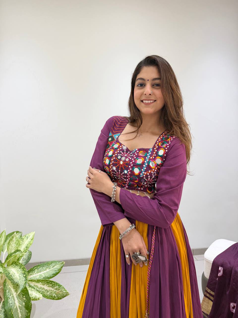 WINE & YELLOW MIRROR WORK NAVRATRI CHANIYA CHOLI