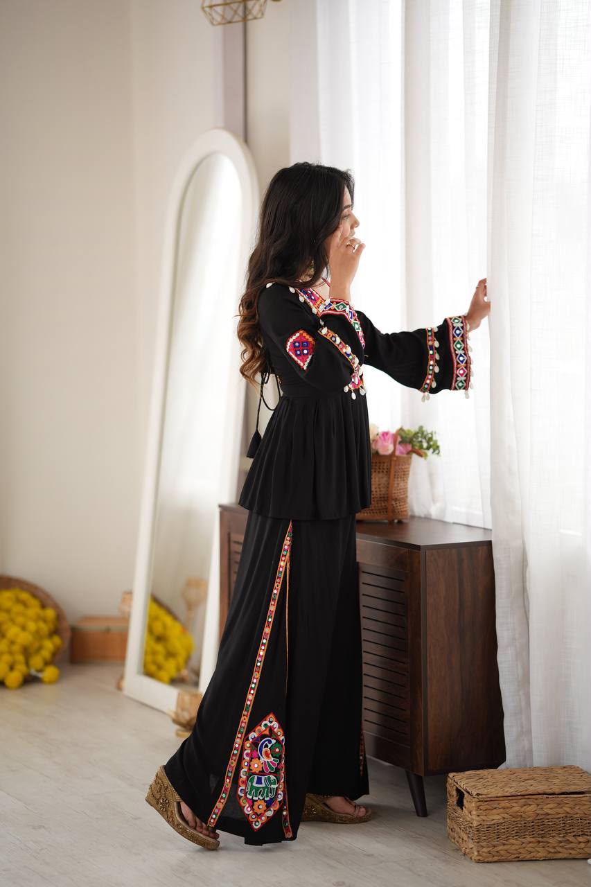 BLACK ETHNIC PEPLUM AND PLAZZO CO-ORD SET