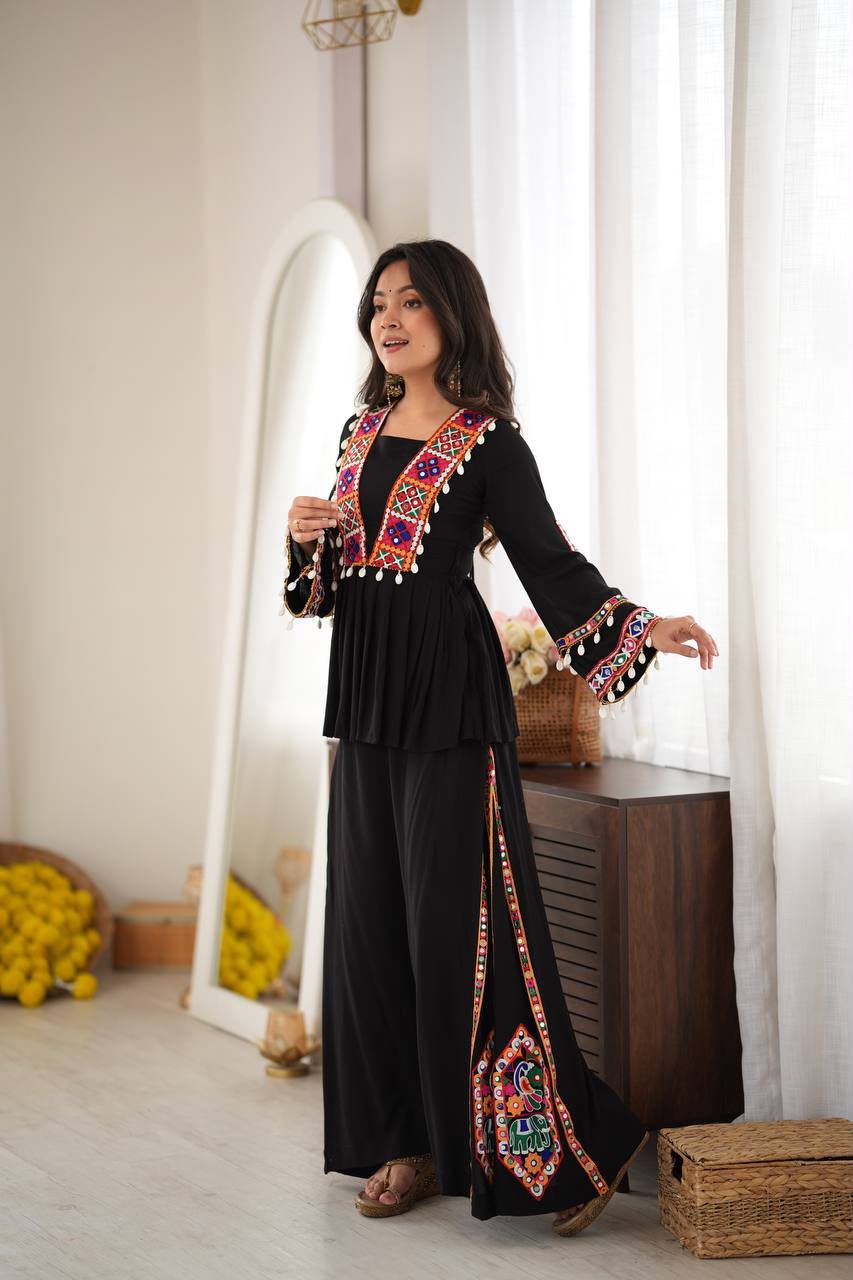 BLACK ETHNIC PEPLUM AND PLAZZO CO-ORD SET