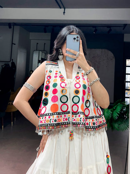 WHITE NAVRATRI KOTI BLOUSE LEHENGA WITH MIRROR WORK