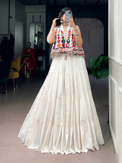WHITE NAVRATRI KOTI BLOUSE LEHENGA WITH MIRROR WORK