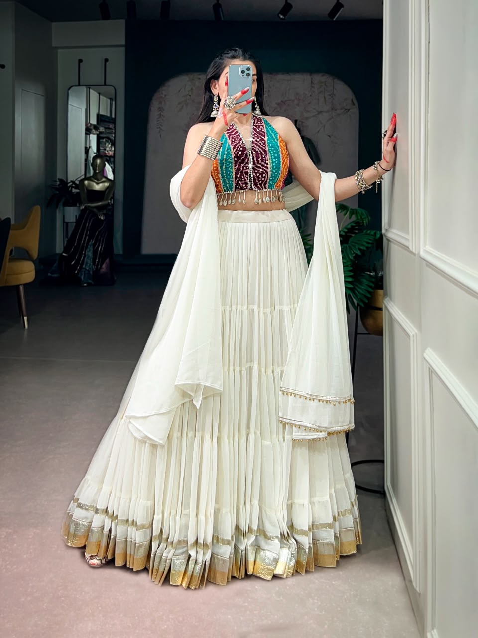 WHITE RAYON BANDHANI PRINT NAVRATRI LEHENGA
