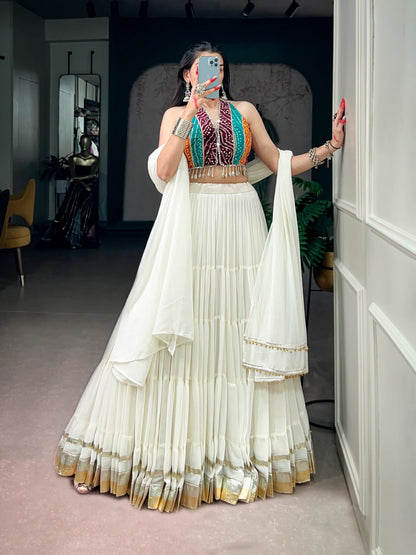 WHITE RAYON BANDHANI PRINT NAVRATRI LEHENGA