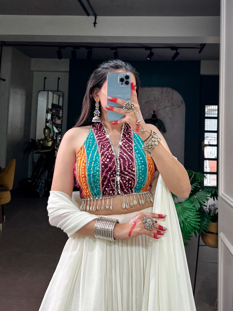 WHITE RAYON BANDHANI PRINT NAVRATRI LEHENGA