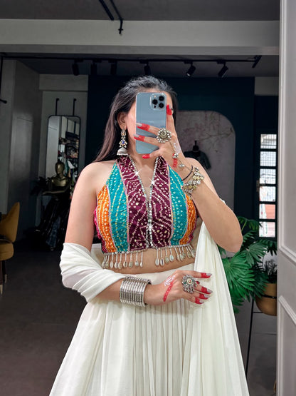 WHITE RAYON BANDHANI PRINT NAVRATRI LEHENGA