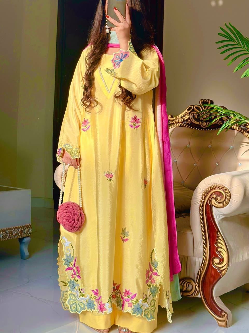 BUTTER-YELLOW 3-PIECE ETHNIC KAFTAN SUIT SET WITH FLORAL EMBROIDERY